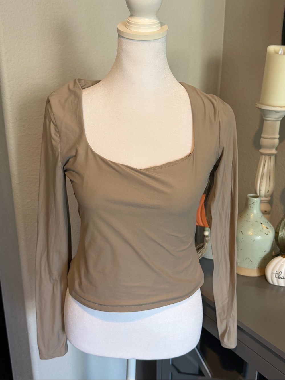 Abercrombie and Fitch Long-Sleeve Square Neck Top in Taupe Medium